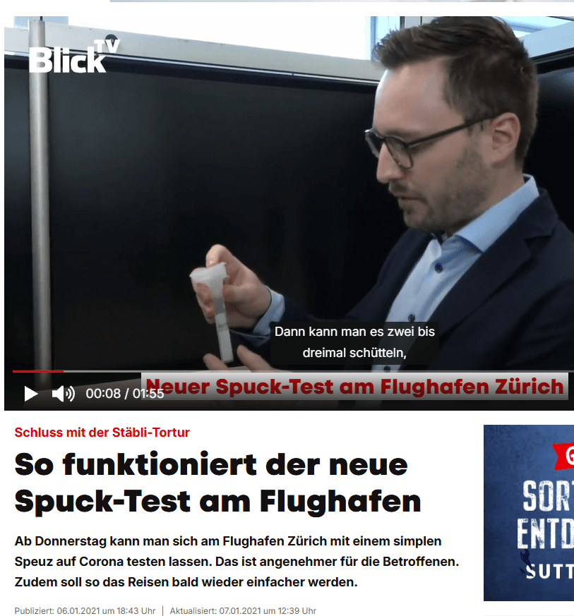 Swiss television coverage of the ender saliva test at Zurich airport