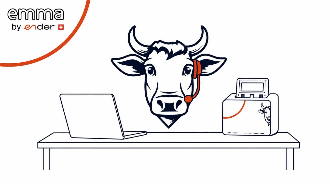 Line illustration of the emma cow wearing a support headset between a laptop and the emma instrument.