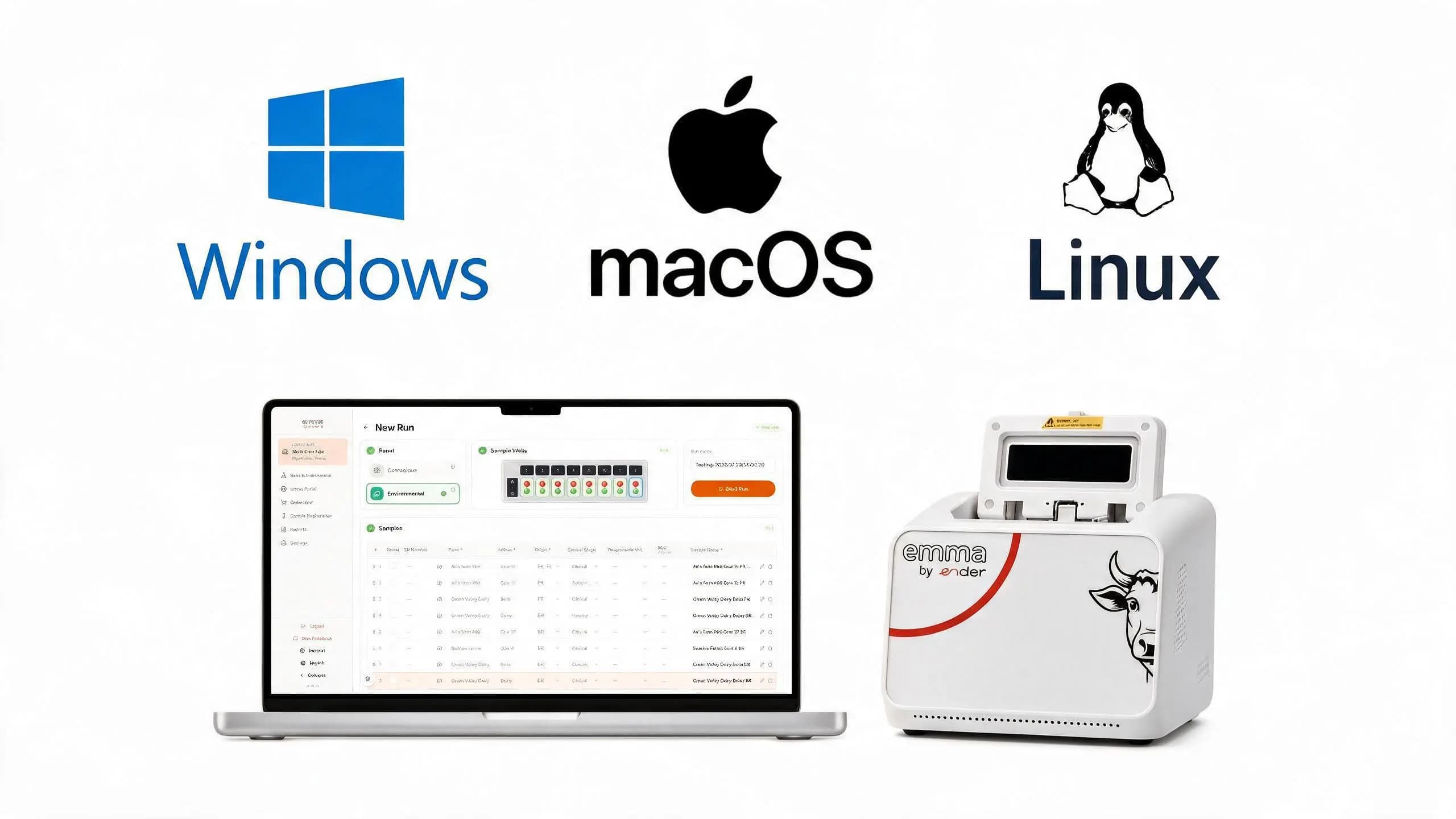 The emma desktop app running on a laptop beside the emma instrument, under the Windows, macOS and Linux logos.